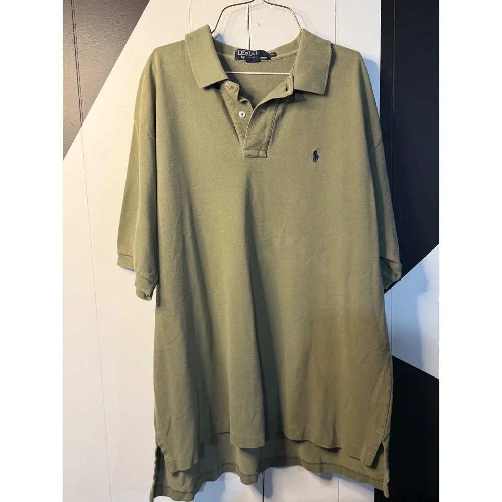 VTG Polo Ralph Lauren Polo Shirt Green Casual Pique Cotton Blue Pony Logo Men XL